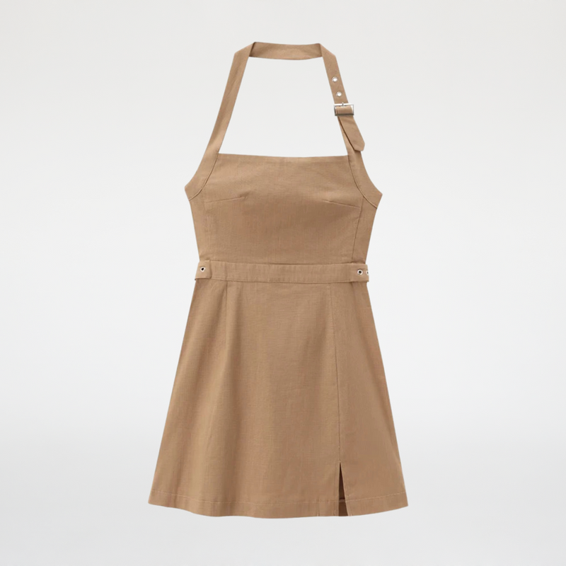 Vestido Curto Feminino Alça Frente Única com Fivela Caramelo - Outlet do Cazé
