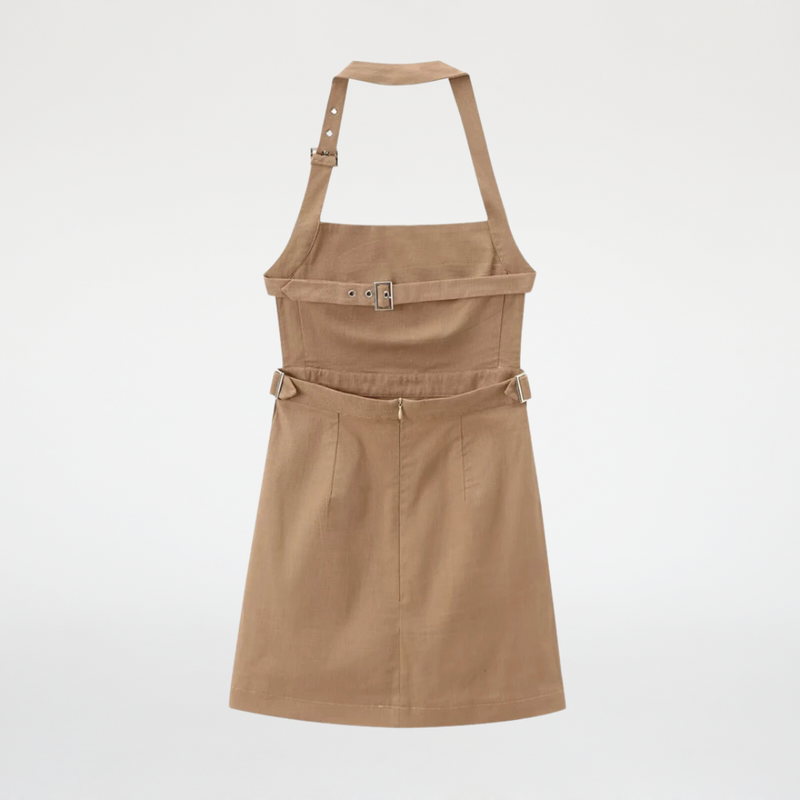 Vestido Curto Feminino Alça Frente Única com Fivela Caramelo - Outlet do Cazé