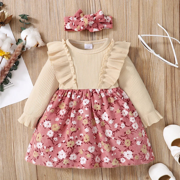Conjuntinho Infantil Aveludado Floral - Vestido + Laço de Cabelo - Outlet do Cazé