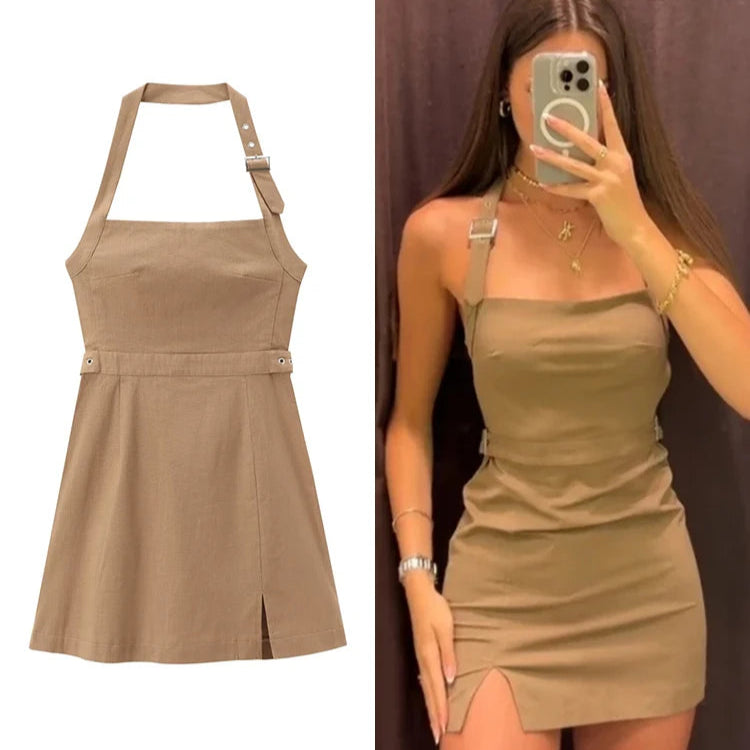 Vestido Curto Feminino Alça Frente Única com Fivela Caramelo - Outlet do Cazé