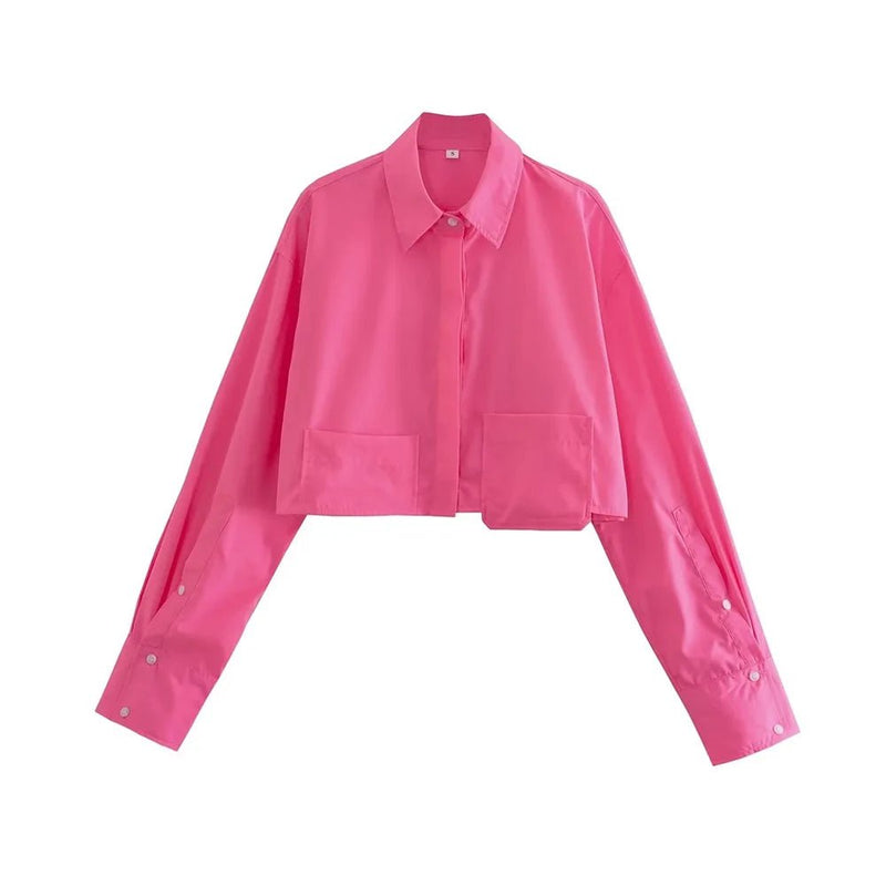Camisa Cropped Feminina com Bolsos Recortados - Outlet do Cazé