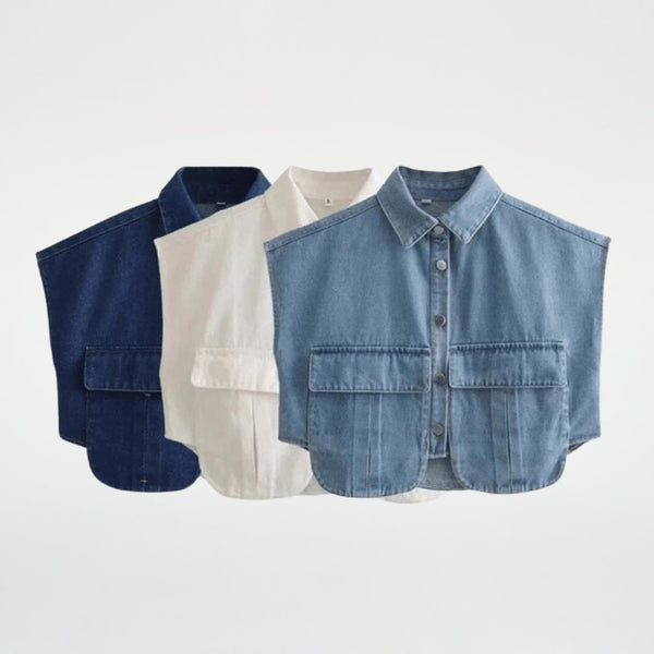 Camisa Jeans Cropped com Bolsos Recortados - Outlet do Cazé
