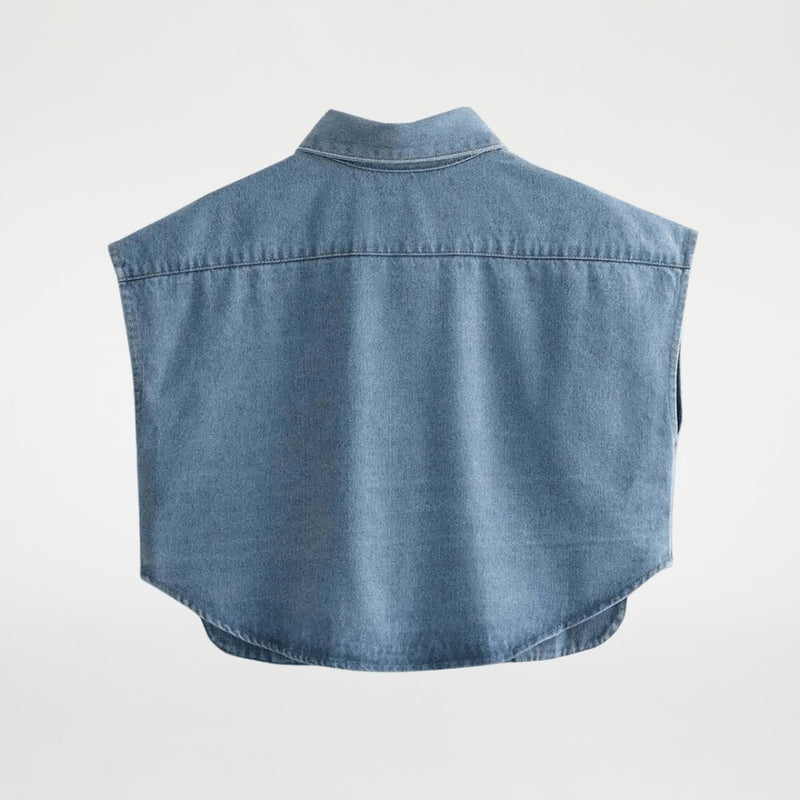 Camisa Jeans Cropped com Bolsos Recortados - Outlet do Cazé