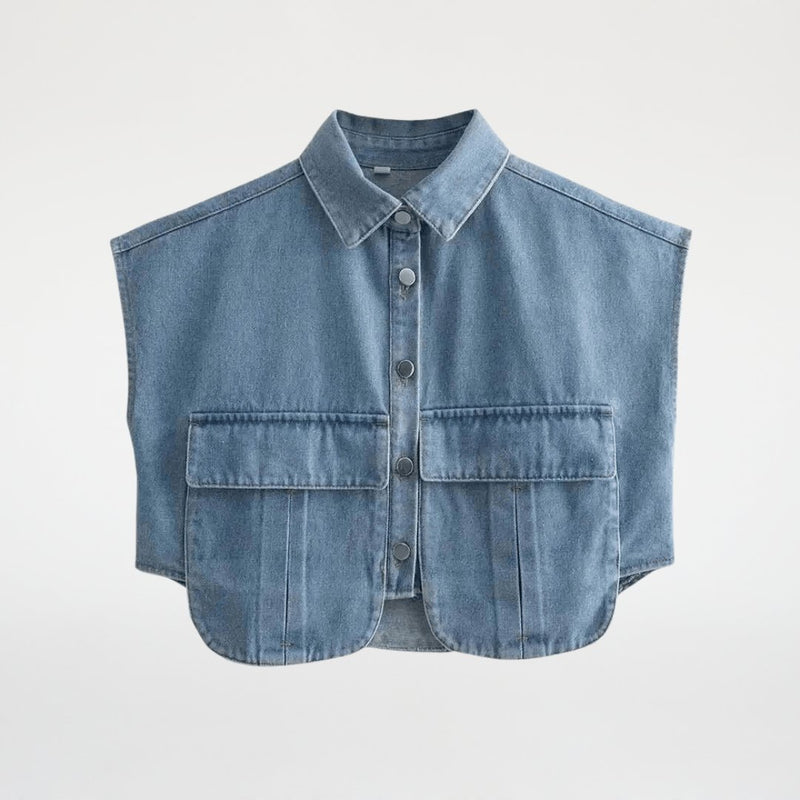 Camisa Jeans Cropped com Bolsos Recortados - Outlet do Cazé