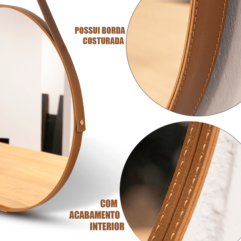Espelho Adnet com Alça de Couro Costurado + Suporte - Outlet do Cazé