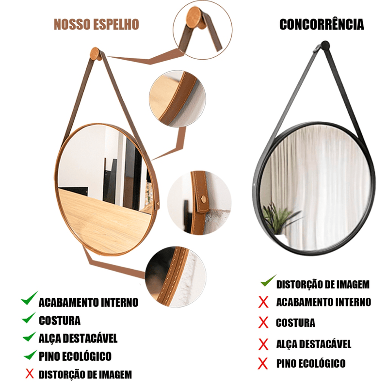 Espelho Adnet com Alça de Couro Costurado + Suporte - Outlet do Cazé