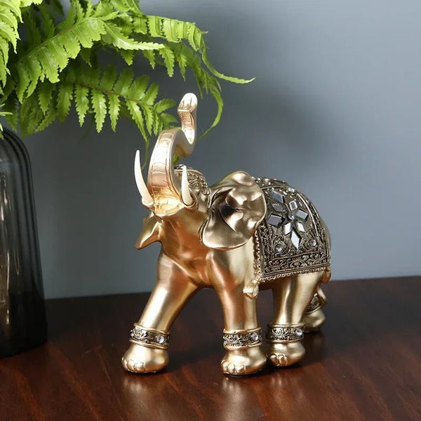 Estátua de Elefante de Resina Dourada - Escultura de Feng Shui para Prosperidade - Outlet do Cazé