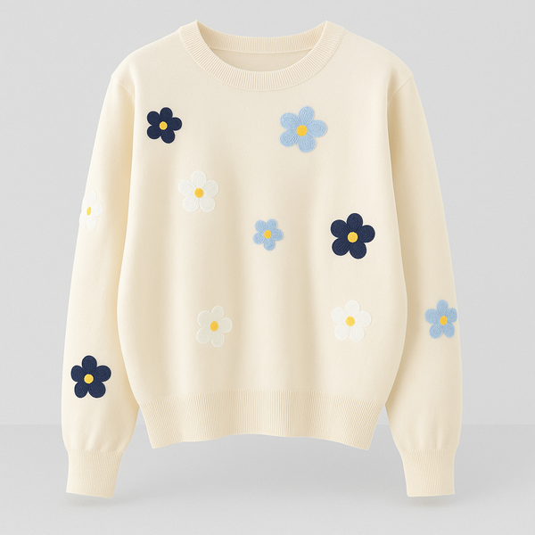 Suéter Feminino Tricot Bordado com Flores