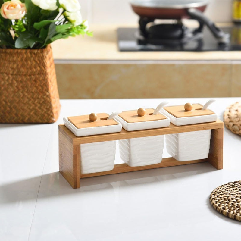 Kit Com 3 Peças Porta Mantimento em Cerâmica com Suporte de Bambu - Outlet do Cazé
