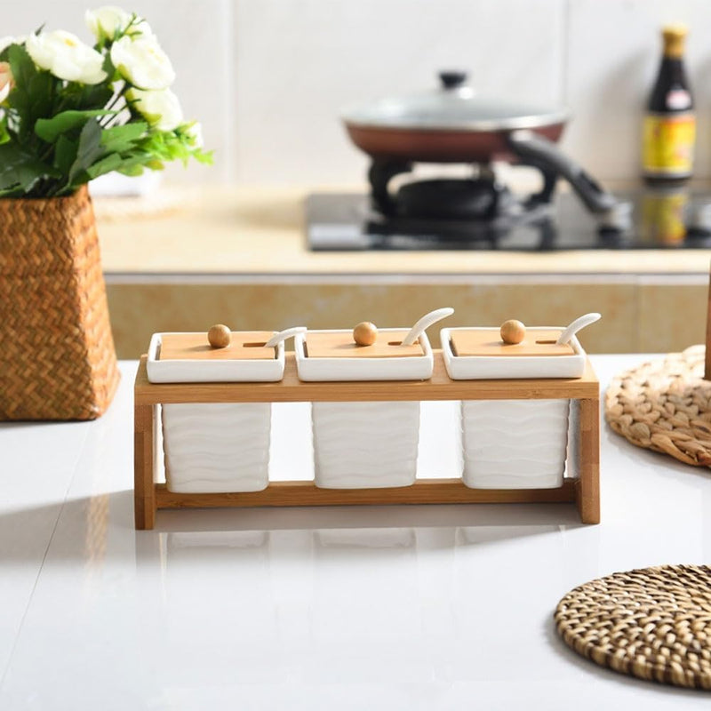 Kit Com 3 Peças Porta Mantimento em Cerâmica com Suporte de Bambu - Outlet do Cazé