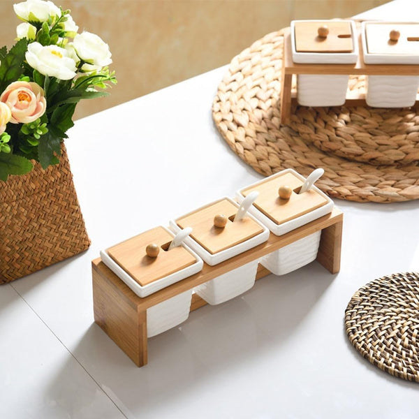 Kit Com 3 Peças Porta Mantimento em Cerâmica com Suporte de Bambu - Outlet do Cazé
