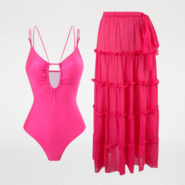 Maiô Rosa com Saída de Saia de Babados Moda Praia - Outlet do Cazé