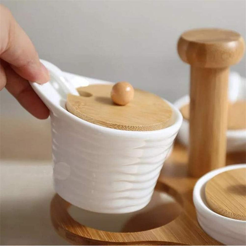 Porta Temperos com Colher Giratório de Cerâmica e Bambu - 5 Divisórias - Outlet do Cazé