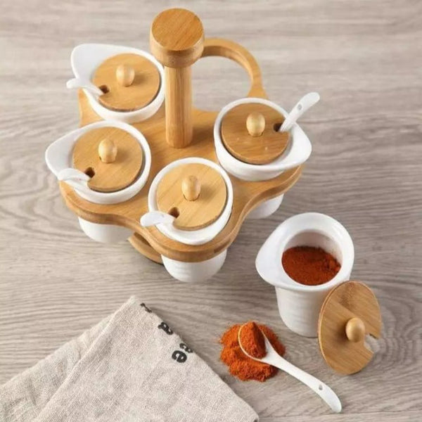 Porta Temperos com Colher Giratório de Cerâmica e Bambu - 5 Divisórias - Outlet do Cazé