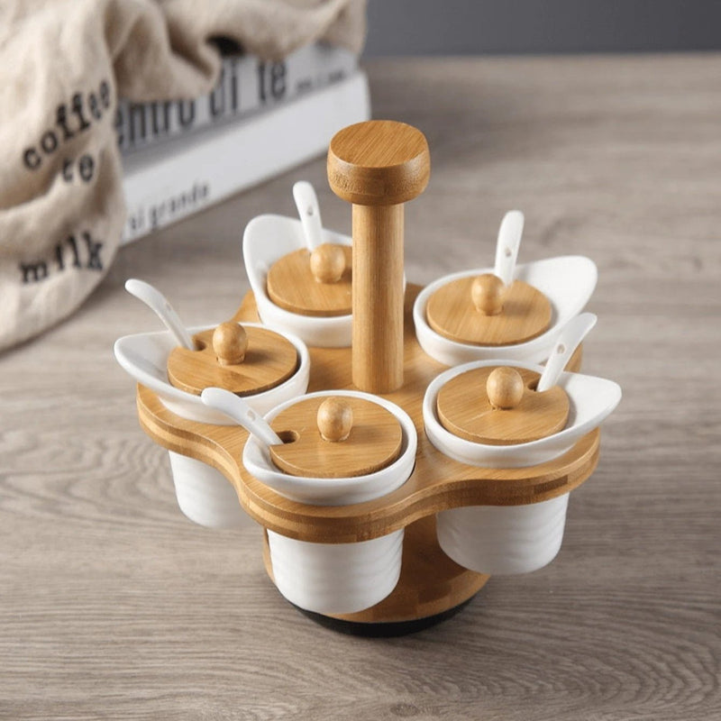 Porta Temperos com Colher Giratório de Cerâmica e Bambu - 5 Divisórias - Outlet do Cazé