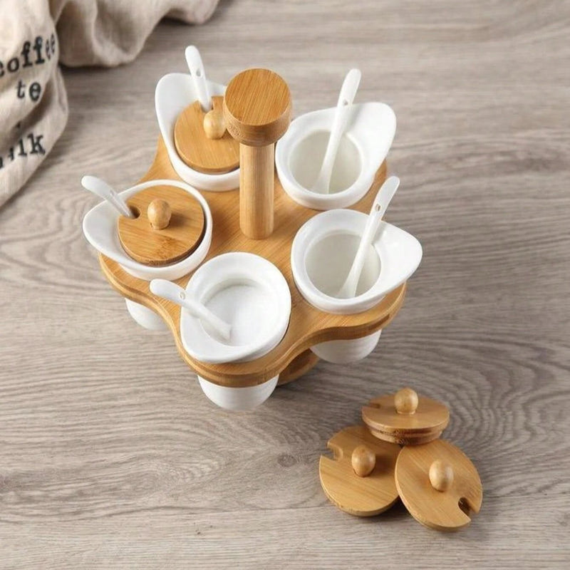 Porta Temperos com Colher Giratório de Cerâmica e Bambu - 5 Divisórias - Outlet do Cazé