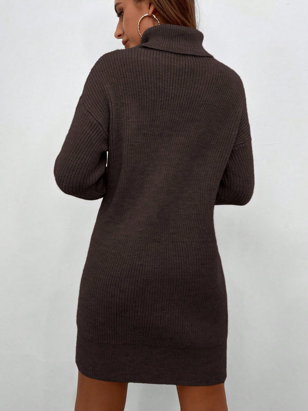 SHEIN LUNE Vestido de Suéter Casual de Malha Marrom com Pescoço Alto, Ombro Caído e Manga Comprida, Cor Sólida, Outono/Inverno - Outlet do Cazé