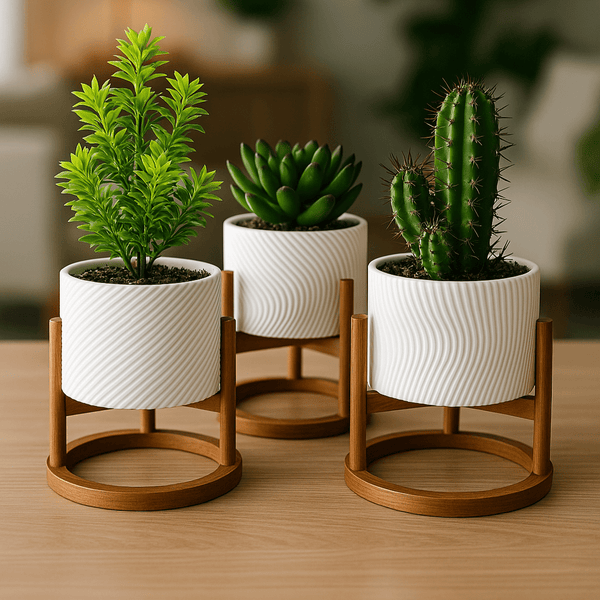 Trio de Vasos Cachepot com Suporte Para Cactos ou Suculentas - Outlet do Cazé