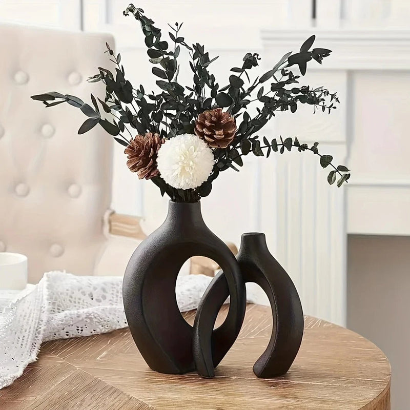 Vaso de Cerâmica Moderno Nórdico Oco - Conjunto de 2 para Decoração de Casa - Outlet do Cazé
