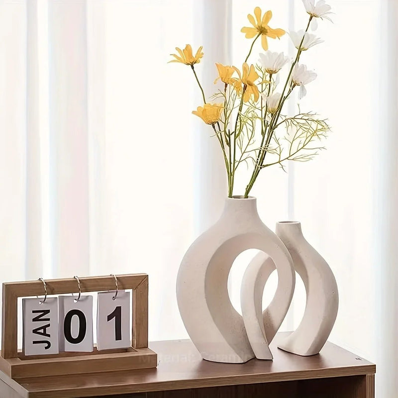 Vaso de Cerâmica Moderno Nórdico Oco - Conjunto de 2 para Decoração de Casa - Outlet do Cazé