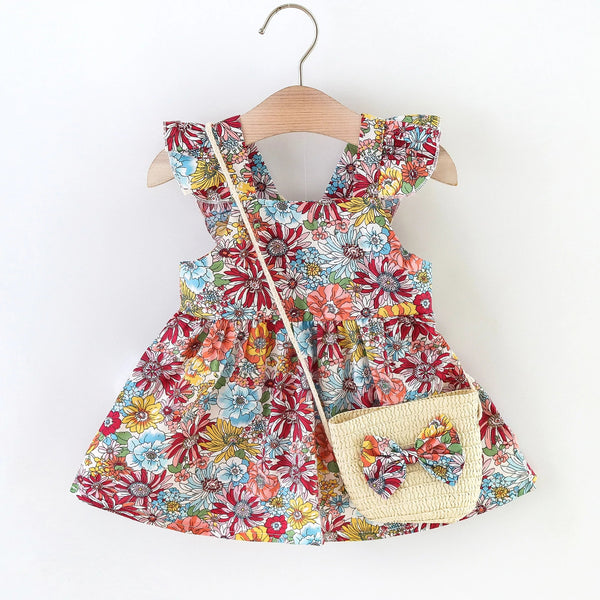 Vestido Infantil Floral com Bolsa de Palha para Meninas - Outlet do Cazé