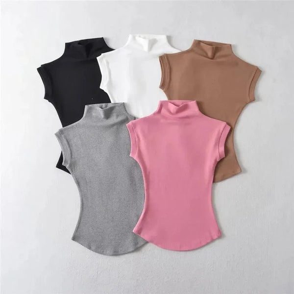 Camiseta Básica Feminina Sem Manga - Elegância Minimalista com Gola Alta - Outlet do Cazé