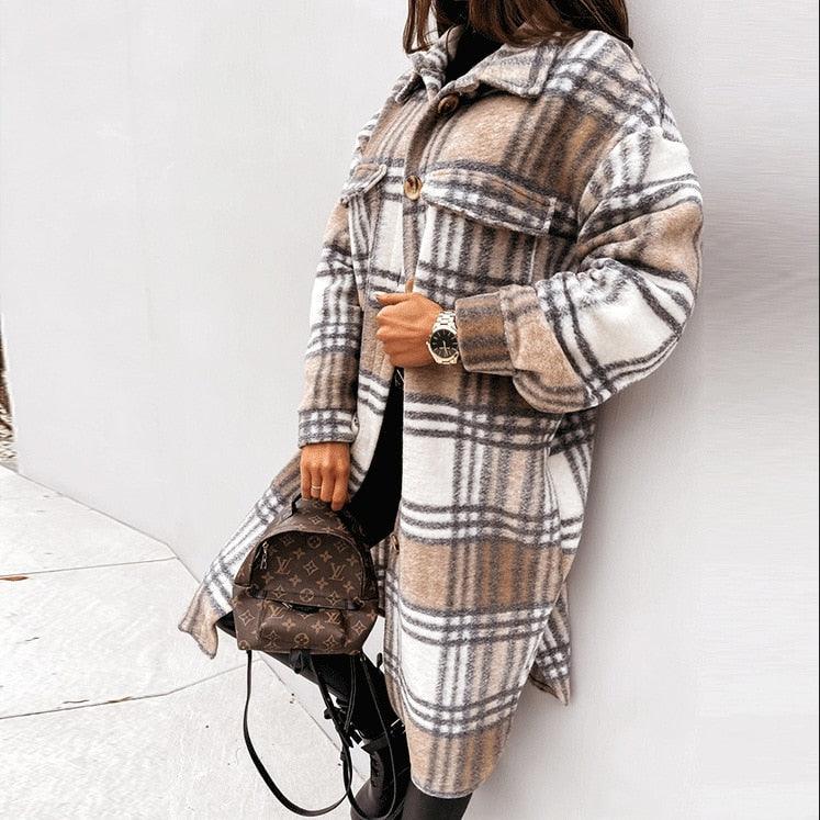 Sobretudo Feminino - Lã Xadrez - Trench Coat Fashion - Outlet do Cazé