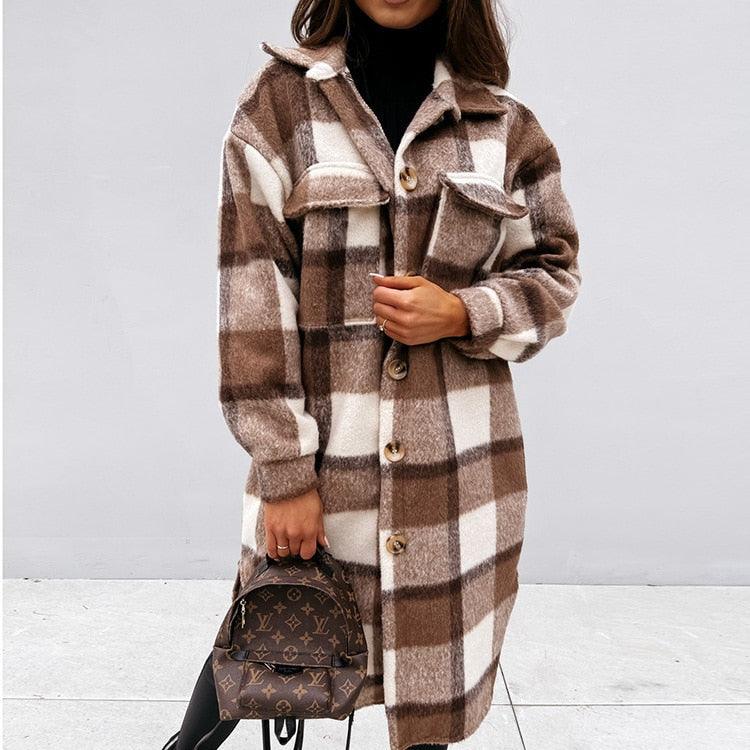 Sobretudo Feminino - Lã Xadrez - Trench Coat Fashion - Outlet do Cazé
