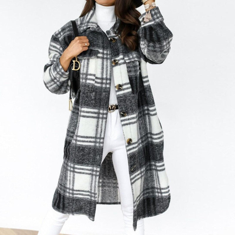 Sobretudo Feminino - Lã Xadrez - Trench Coat Fashion - Outlet do Cazé
