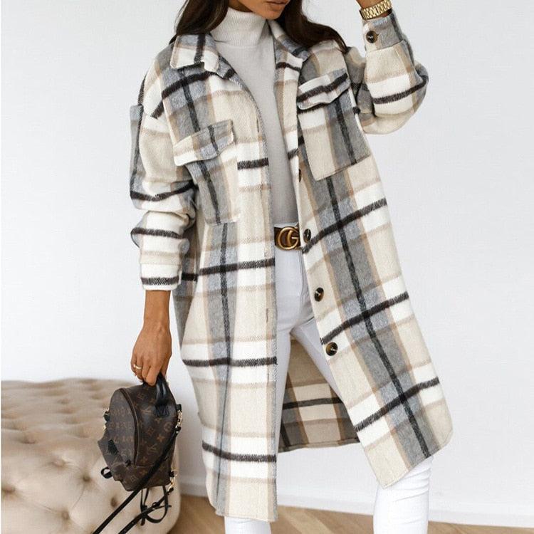 Sobretudo Feminino - Lã Xadrez - Trench Coat Fashion - Outlet do Cazé
